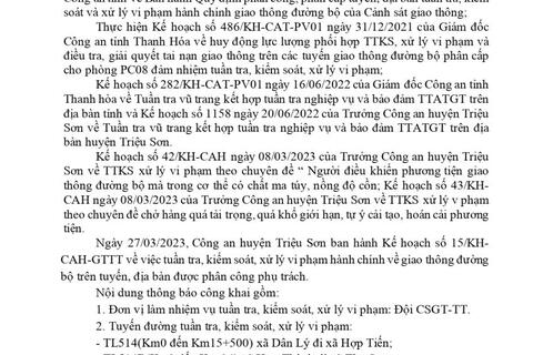 Công an huyện Triệu Sơn thông báo công khai nội dung kế hoạch TTKS, xử lý vi phạm về giao thông đường bộ (từ ngày 27/03/2023 đến ngày 02/04/2023)