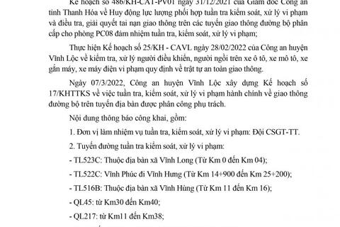 Công an Vĩnh Lộc thông báo Kế hoạch TTKS tuần 17 (từ 07/3/2022 đến 13/3/2022)