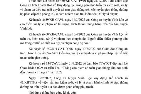 Công an huyện Vĩnh Lộc báo cáo kế hoạch TTKS tuần 43 (từ 05/9/2022 đến 11/9/2022)