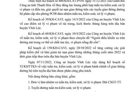 Công an huyện Vĩnh Lộc thông báo kế hoạch TTKS tuần 2 (từ 07/11/2022 đến 13/11/2022)