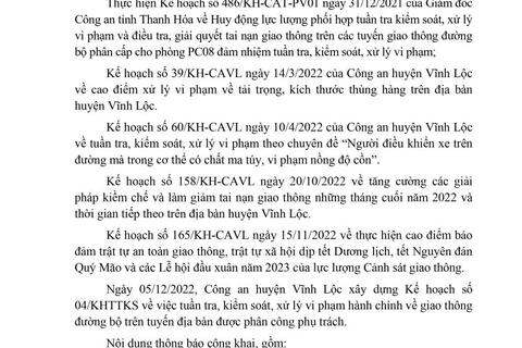 Công an huyện Vĩnh Lộc thông báo Kế hoạch TTKS tuần 04 (từ 05/12/2022 đến 11/12/2022)
