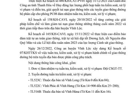 Công an huyện Vĩnh Lộc thông báo kế hoạch TTKS tuần 7 (từ 26/12/2022 đến 01/01/2023)