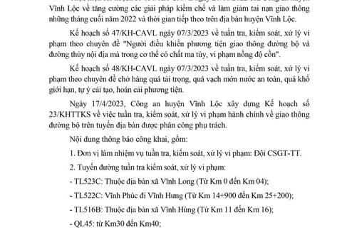 Công an huyện Vĩnh Lộc thông báo kế hoạch TTKS tuần 23 (từ 17/4/2023 đến 23/4/2023)