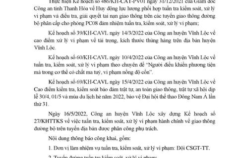Công an huyện Vĩnh Lộc thông báo công khai Kế hoạch TTKS tuần 27 (từ 16/5/2022 đến 22/5/2022)