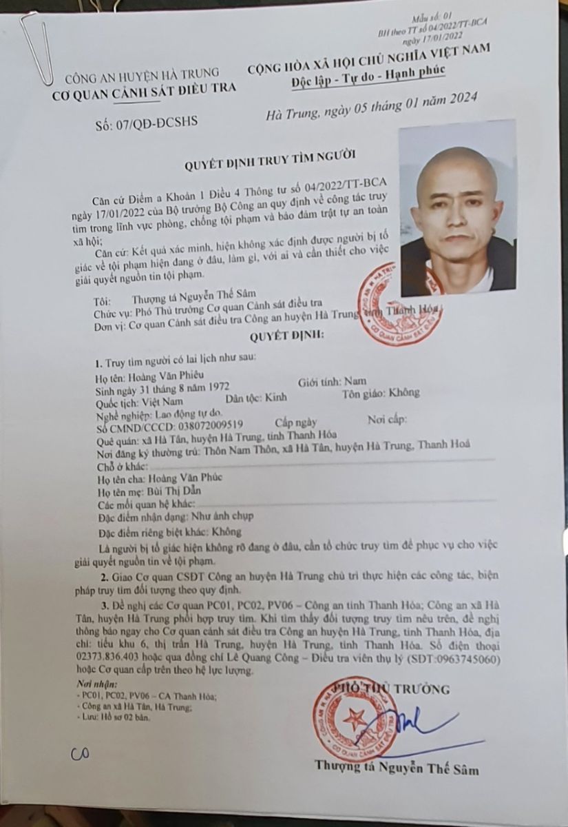 Quyết định truy tìm người số 07 ngày 05/01/2024 của Công an huyện Hà Trung, tỉnh Thanh Hóa