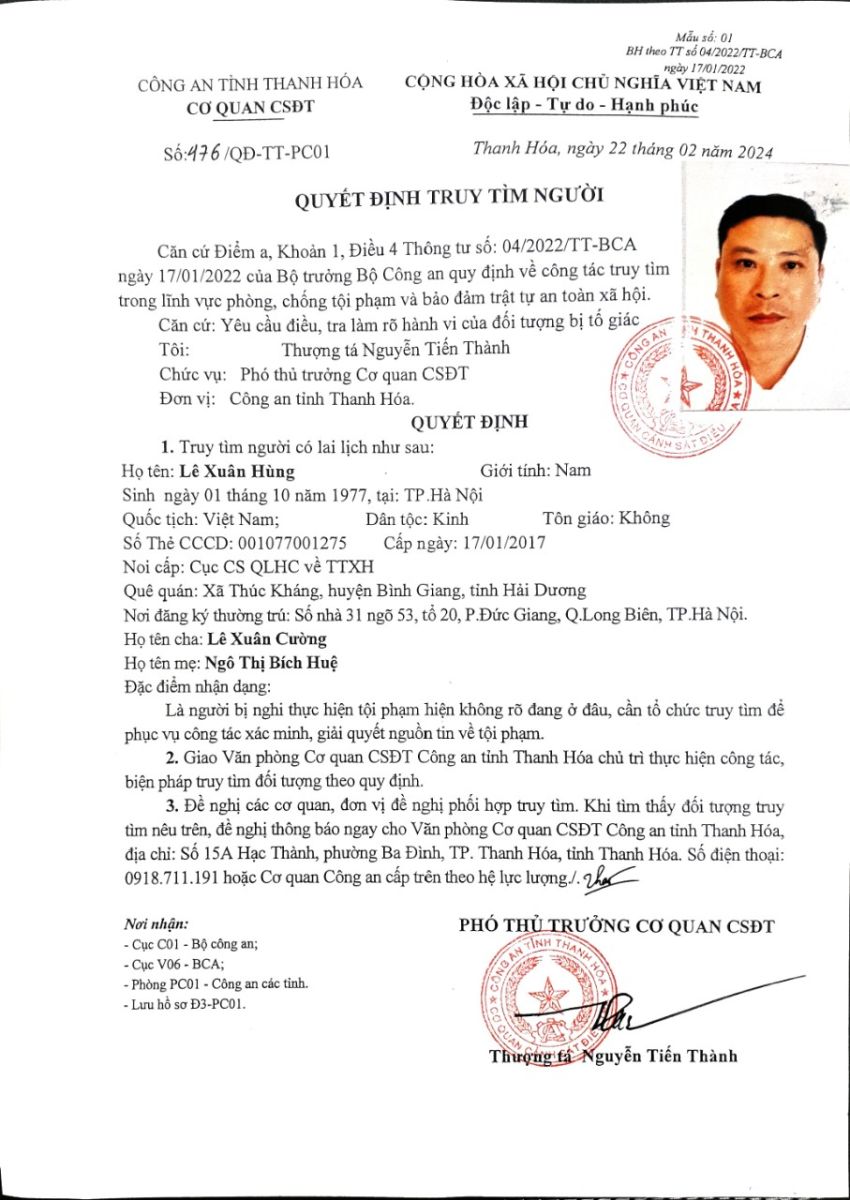 Quyết định truy tìm người số 476 ngày 22/02/2024 của Văn phòng cơ quan CSĐT Công an tỉnh Thanh Hóa