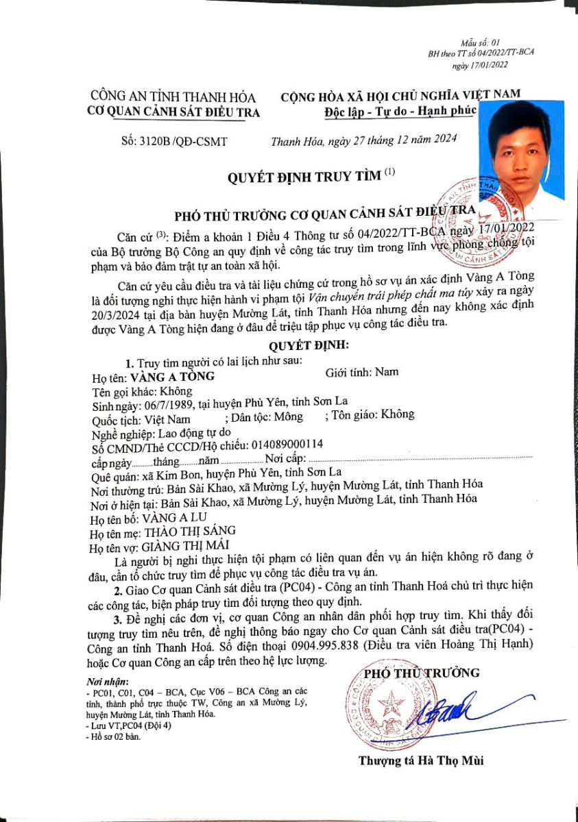 Quyết định truy tìm người số 3120B/QĐ-CSMT ngày 27/12/2024 của Phòng CSĐTTP về ma túy Công an tỉnh Thanh Hóa