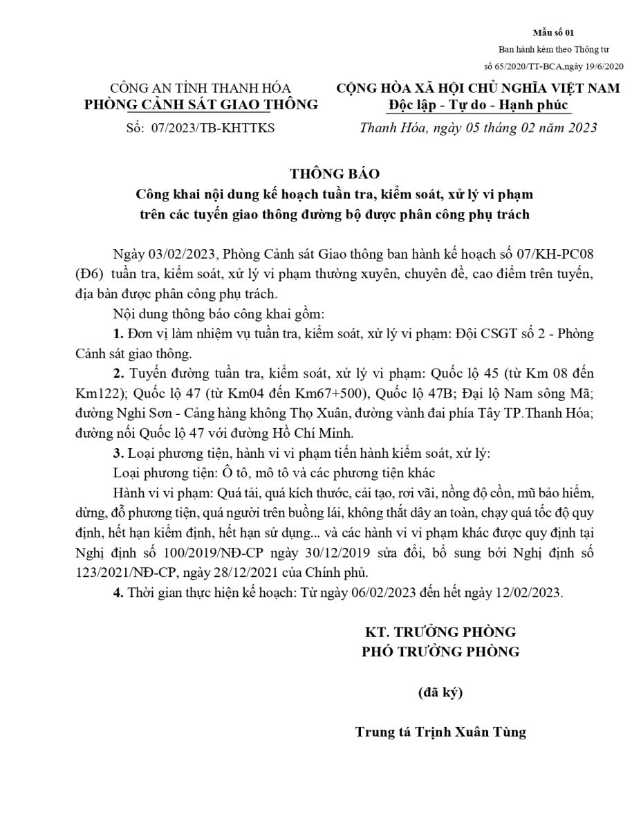 Thông báo kế hoạch tuần 07 của đội CSGT số 2, phòng CSGT - Thanh Hoá (từ ngày 06/02 đến hết ngày 12/02/2023)