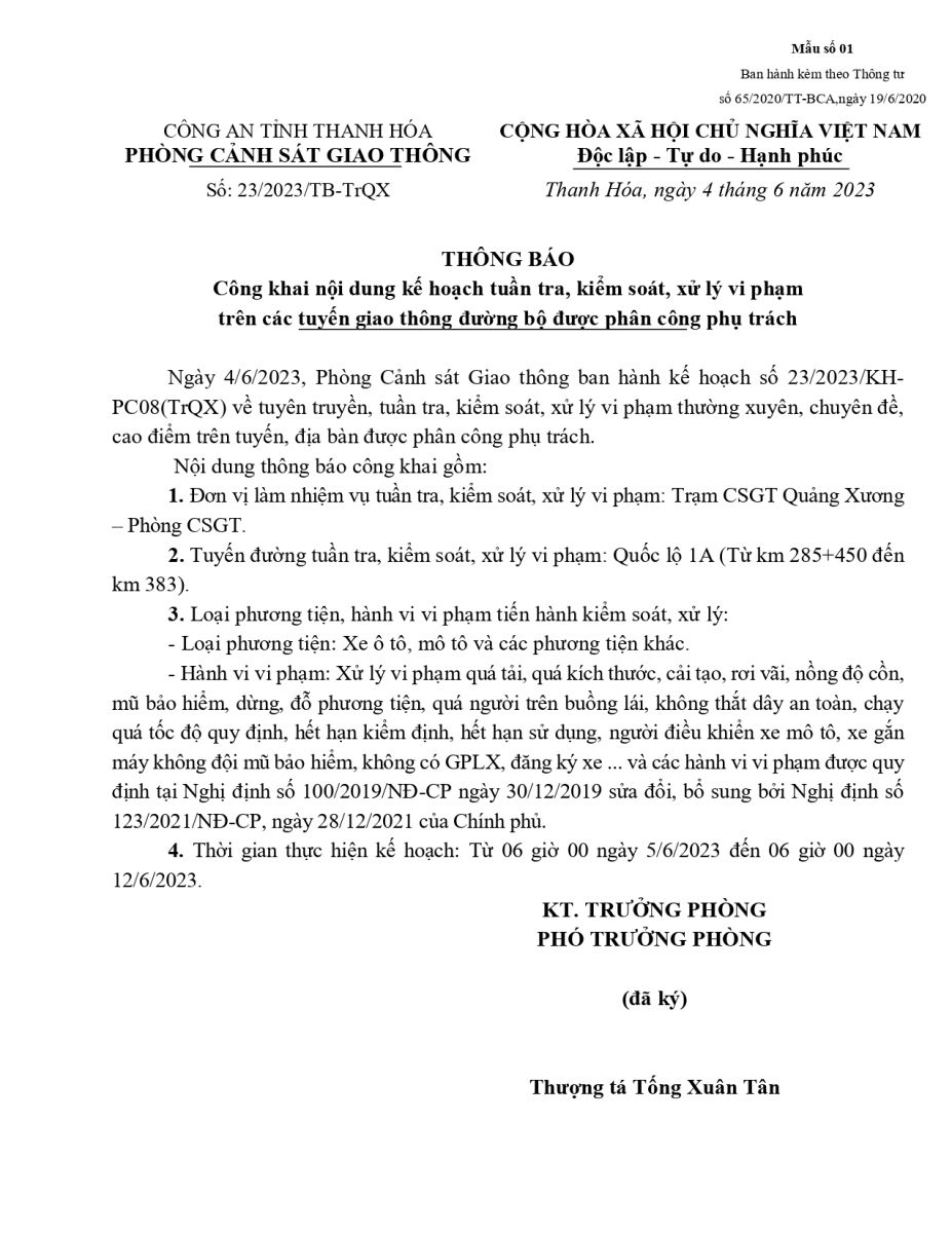 Thông báo công khai nội dung Kế hoạch Tuần tra kiểm soát trên tuyến của Trạm CSGT Quảng Xương, Phòng PC08 (từ ngày 5/6/2023 đến ngày 12/6/2023)