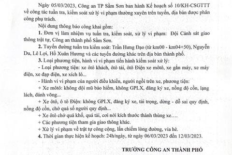 Kế hoạch tuần tra kiểm soát xử lý vi phạm TTATGT trên địa bàn thành phố Sầm Sơn từ ngày 6/3-12/3/2023