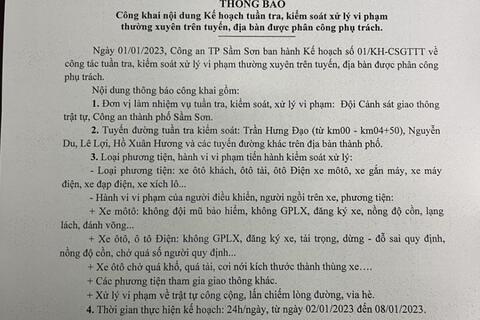 Kế hoạch tuần tra kiểm soát xử lý vi phạm TTATGT trên địa bàn thành phố Sầm Sơn từ 02/01/2023-08/01/2023