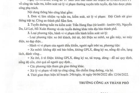 Kế hoạch tuần tra kiểm soát xử lý vi phạm TTATGT trên địa bàn thành phố Sầm Sơn từ ngày 06/06/2022 đến 12/06/2022