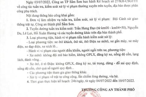 Kế hoạch tuần tra kiểm soát xử lý vi phạm TTATGT trên địa bàn thành phố Sầm Sơn từ ngày 03/7/2022 đến ngày 10/7/2022
