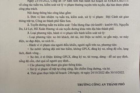 Kế hoạch tuần tra kiểm soát xử lý vi phạm TTATGT trên địa bàn thành phố Sầm Sơn từ ngày 24/10/2022-30/10/2022
