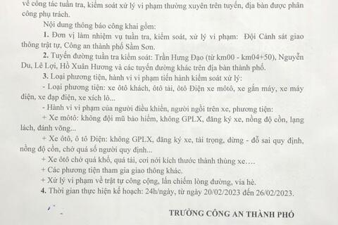Kế hoạch tuần tra kiểm soát xử lý vi phạm TTATGT trên địa bàn thành phố Sầm Sơn từ ngày 20/02/2023 đến 26/02/2023