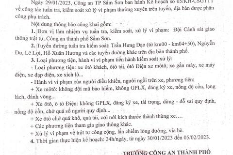 Kế hoạch tuần tra kiểm soát xử lý vi phạm TTATGT trên địa bàn thành phố Sầm Sơn từ ngày 30/1/2023 đến 05/02/2023