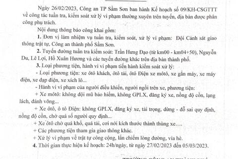 Kế hoạch tuần tra kiểm soát xử lý vi phạm TTATGT trên địa bàn thành phố Sầm Sơn từ 27/2/2023-5/3/2023