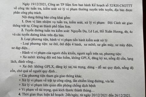 Kế hoạch tuần tra kiểm soát xử lý vi phạm TTATGT trên địa bàn thành phố Sầm Sơn từ ngày 20/12/2021-26/12/2021