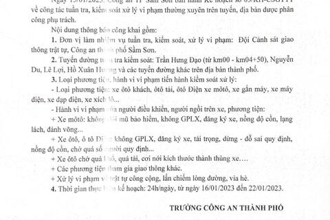 Kế hoạch tuần tra kiểm soát xử lý vi phạm TTATGT trên địa bàn thành phố Sầm Sơn từ 16/01/2023-22/91/2023