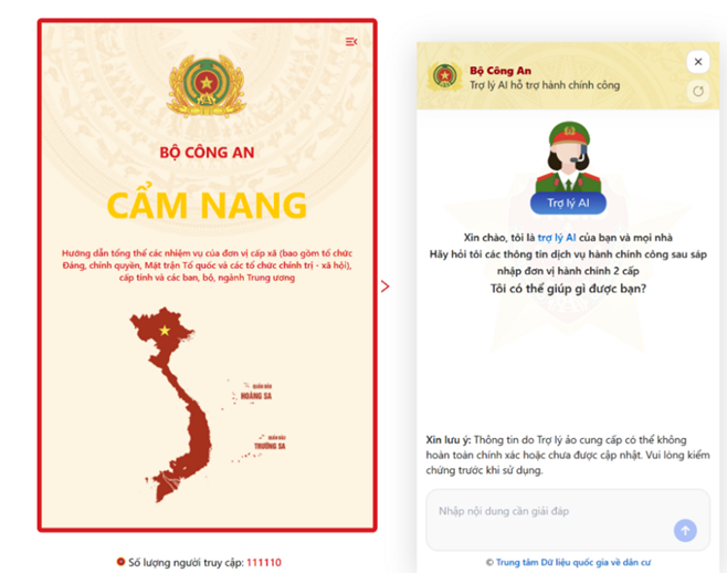 Một hộp thoại chat sẽ được hiện ra để người dùng đặt các câu hỏi liên quan đến thủ tục hành chính công hoặc thông tin về các đơn vị hành chính sau khi sáp nhập.